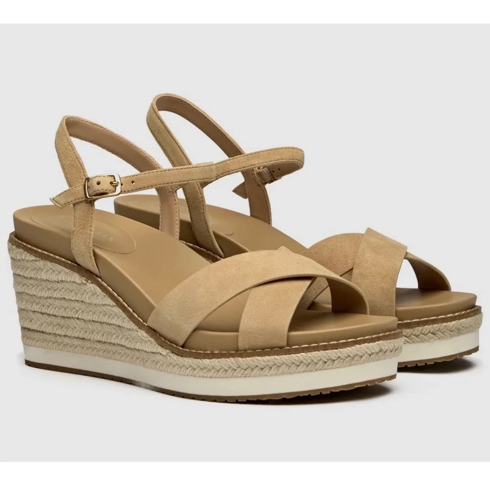 Cole Haan Cloudfeel Silver Tan Suede Espadrille Wedge Sandals NWOT - Size 7.5